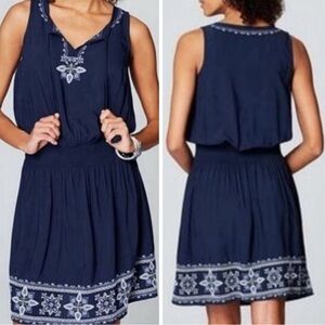 J. Jill Everyday Blue Embroidered Boho Smocked Waist Sleeveless Beach Dress Med